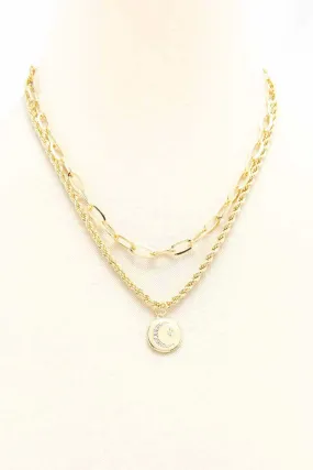 2 Layered Metal Chain Round Pendant Necklace