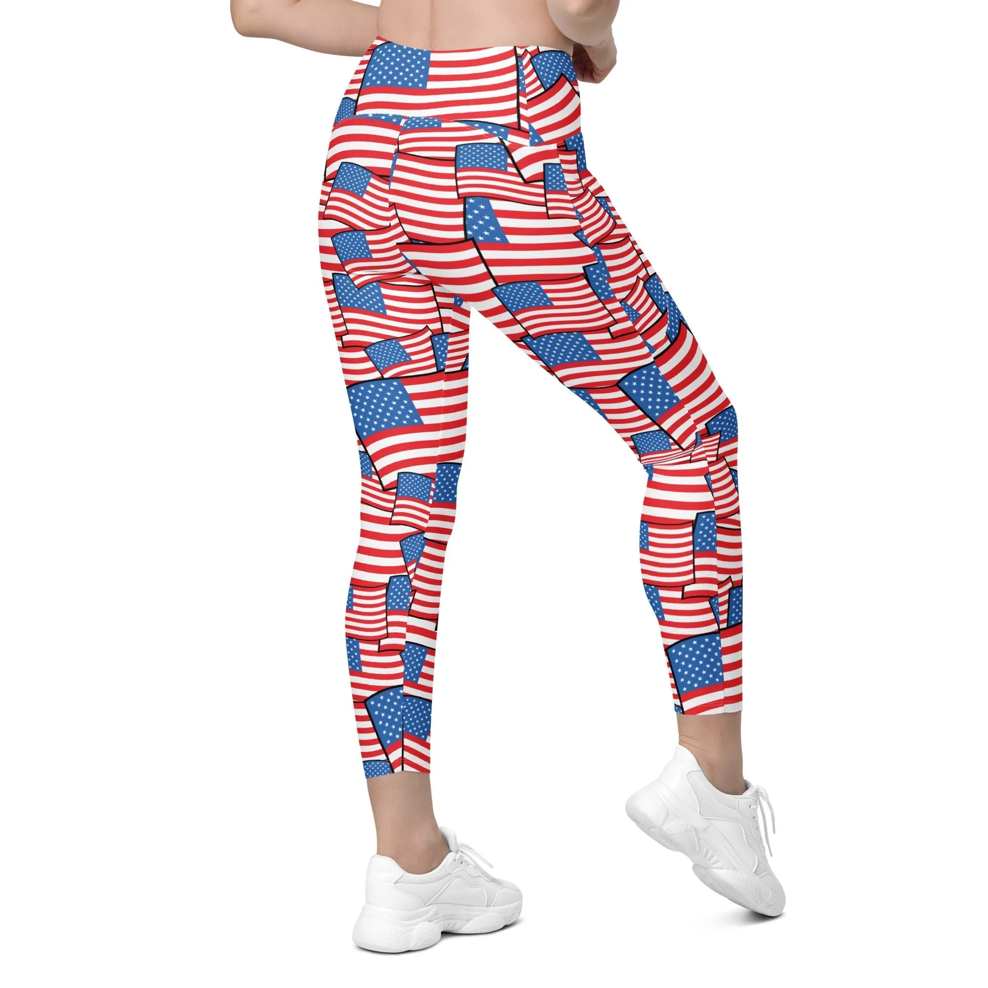 American Flag Pattern Crossover Leggings With Pockets