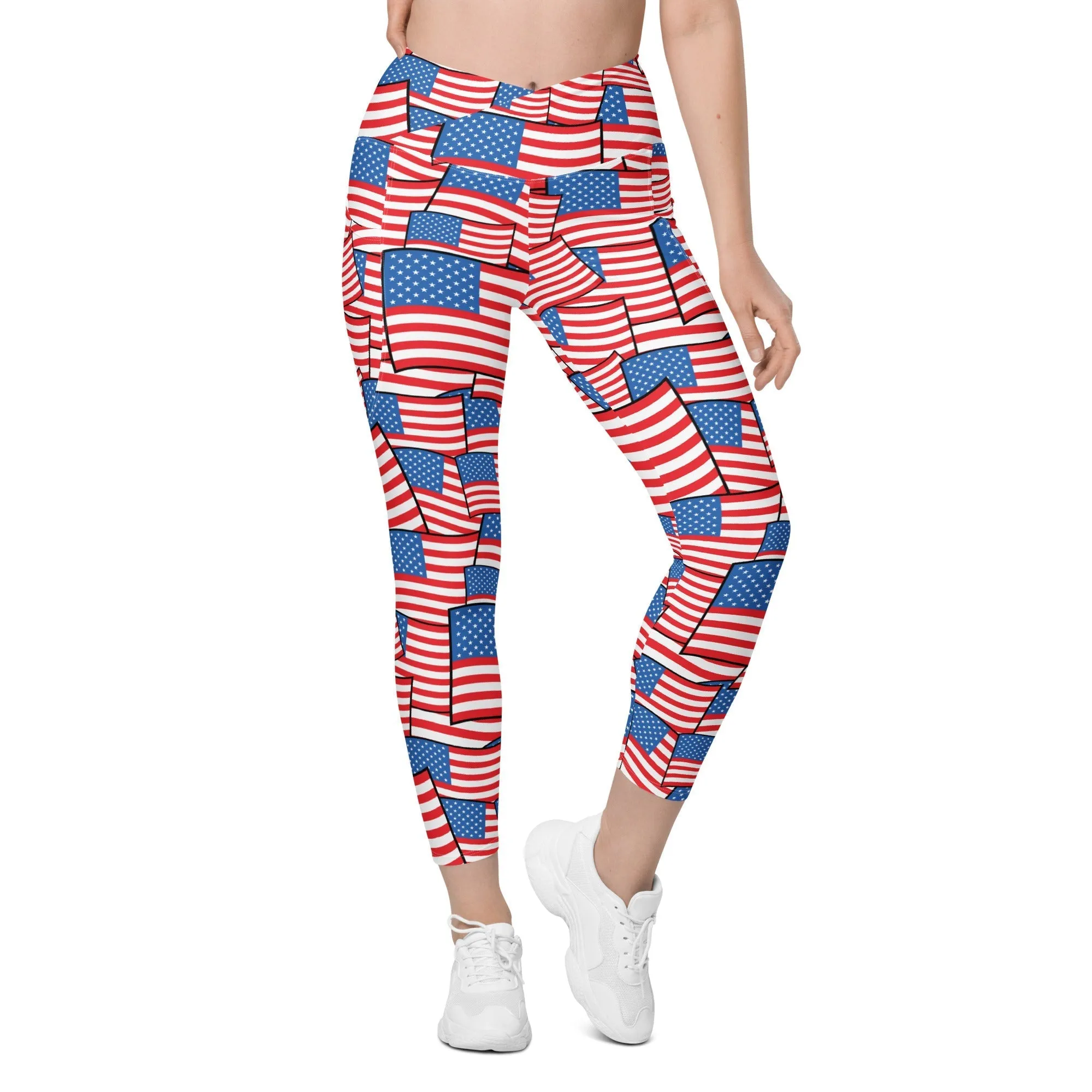 American Flag Pattern Crossover Leggings With Pockets