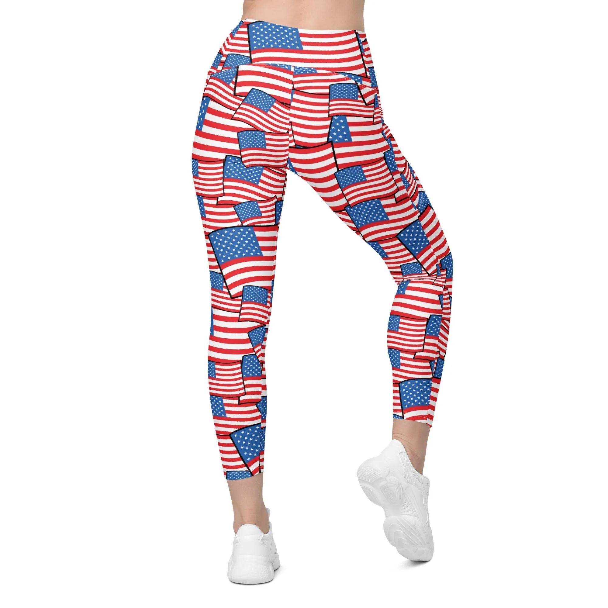 American Flag Pattern Crossover Leggings With Pockets