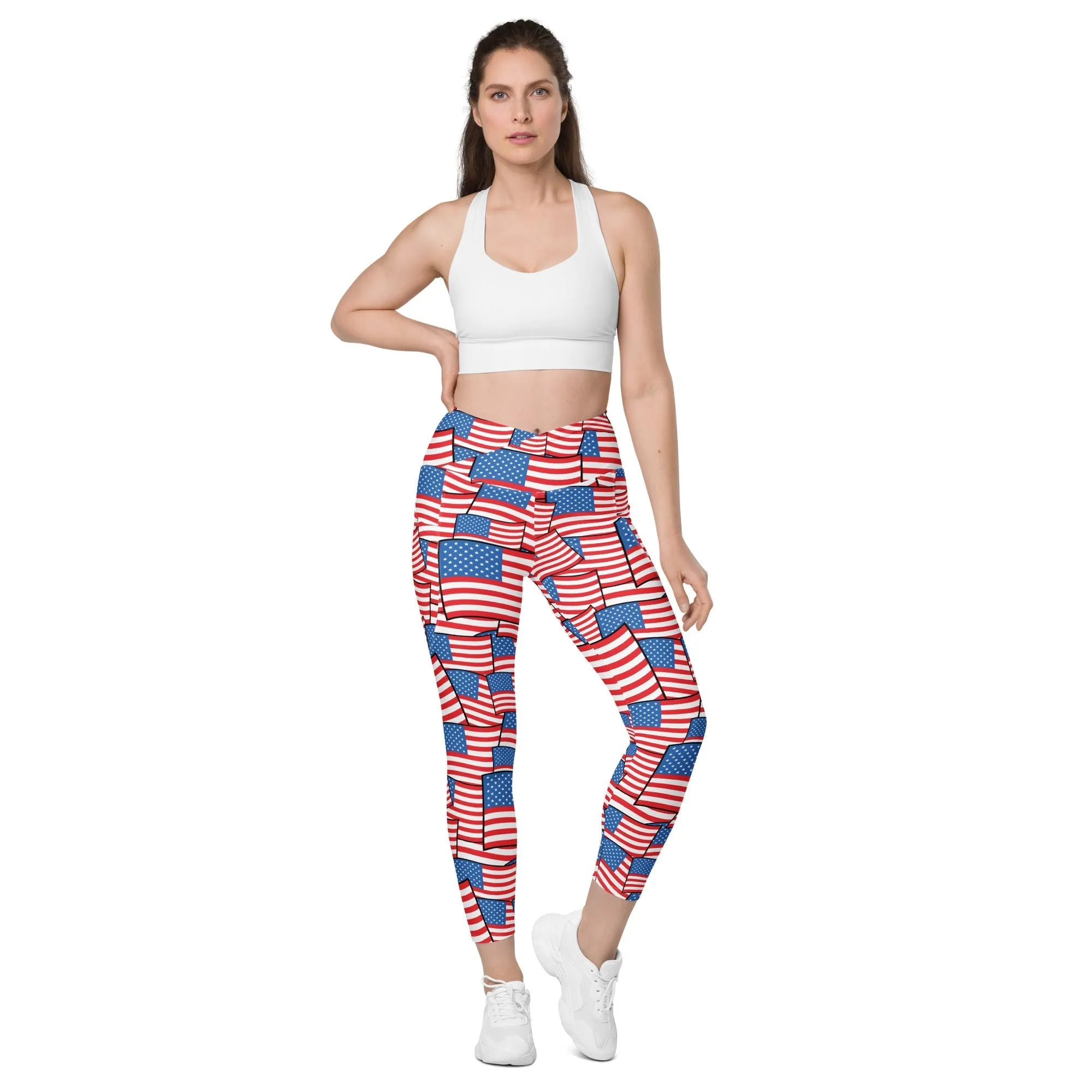 American Flag Pattern Crossover Leggings With Pockets