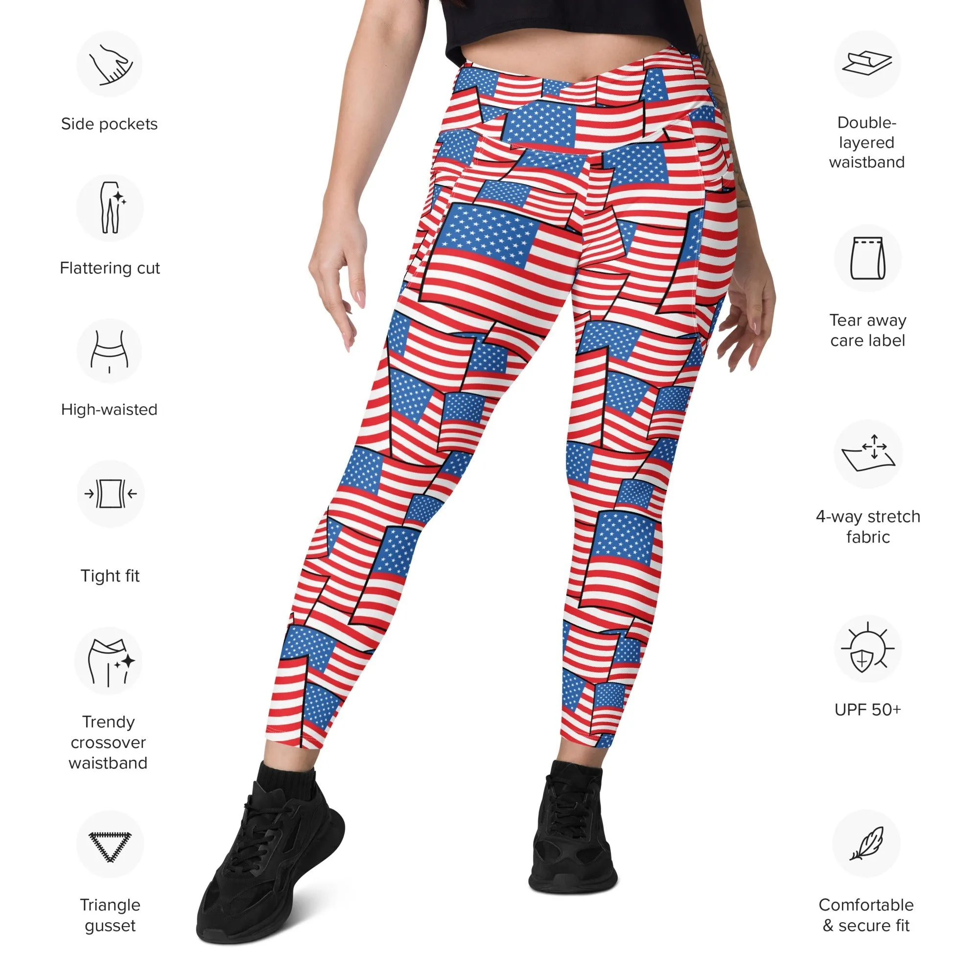 American Flag Pattern Crossover Leggings With Pockets