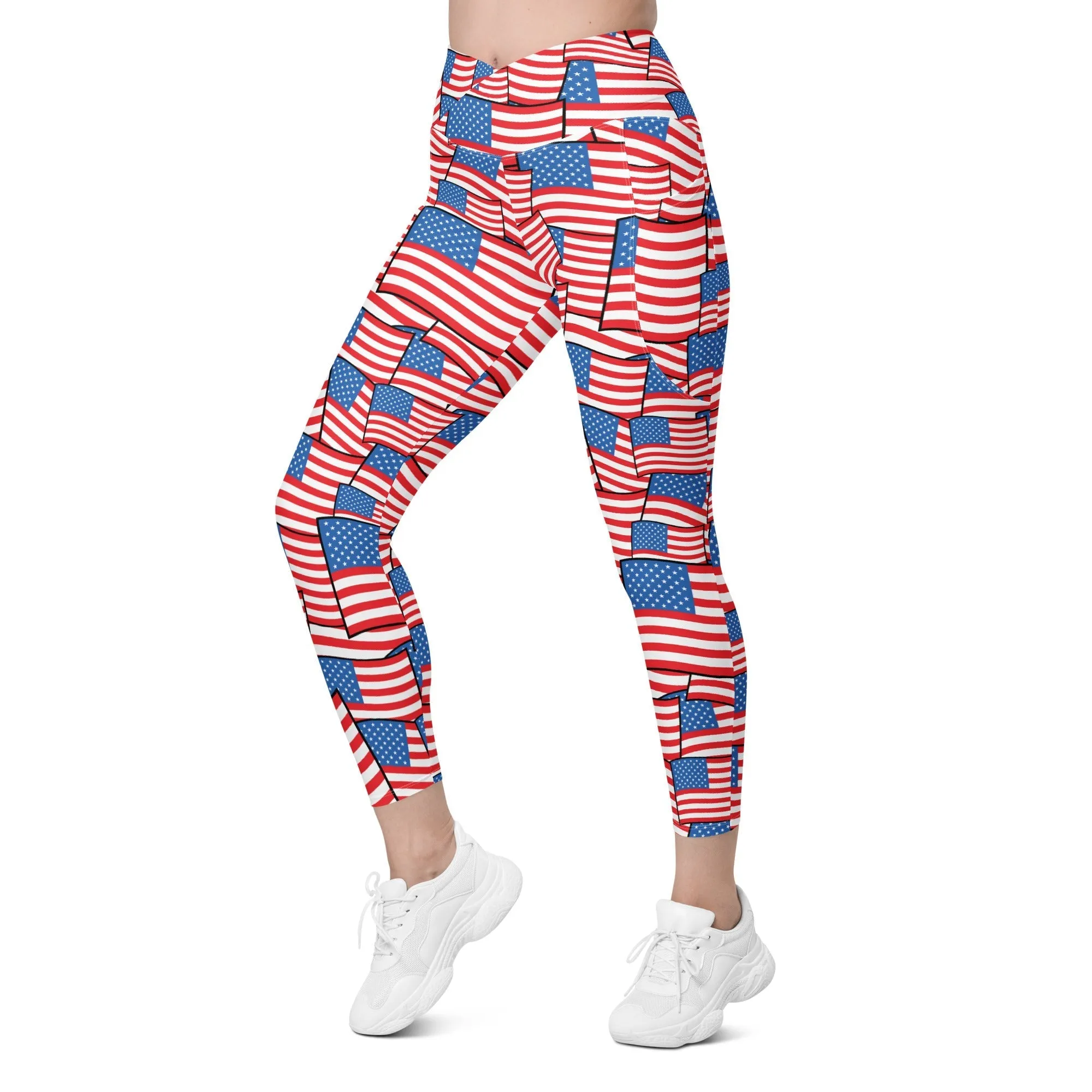 American Flag Pattern Crossover Leggings With Pockets