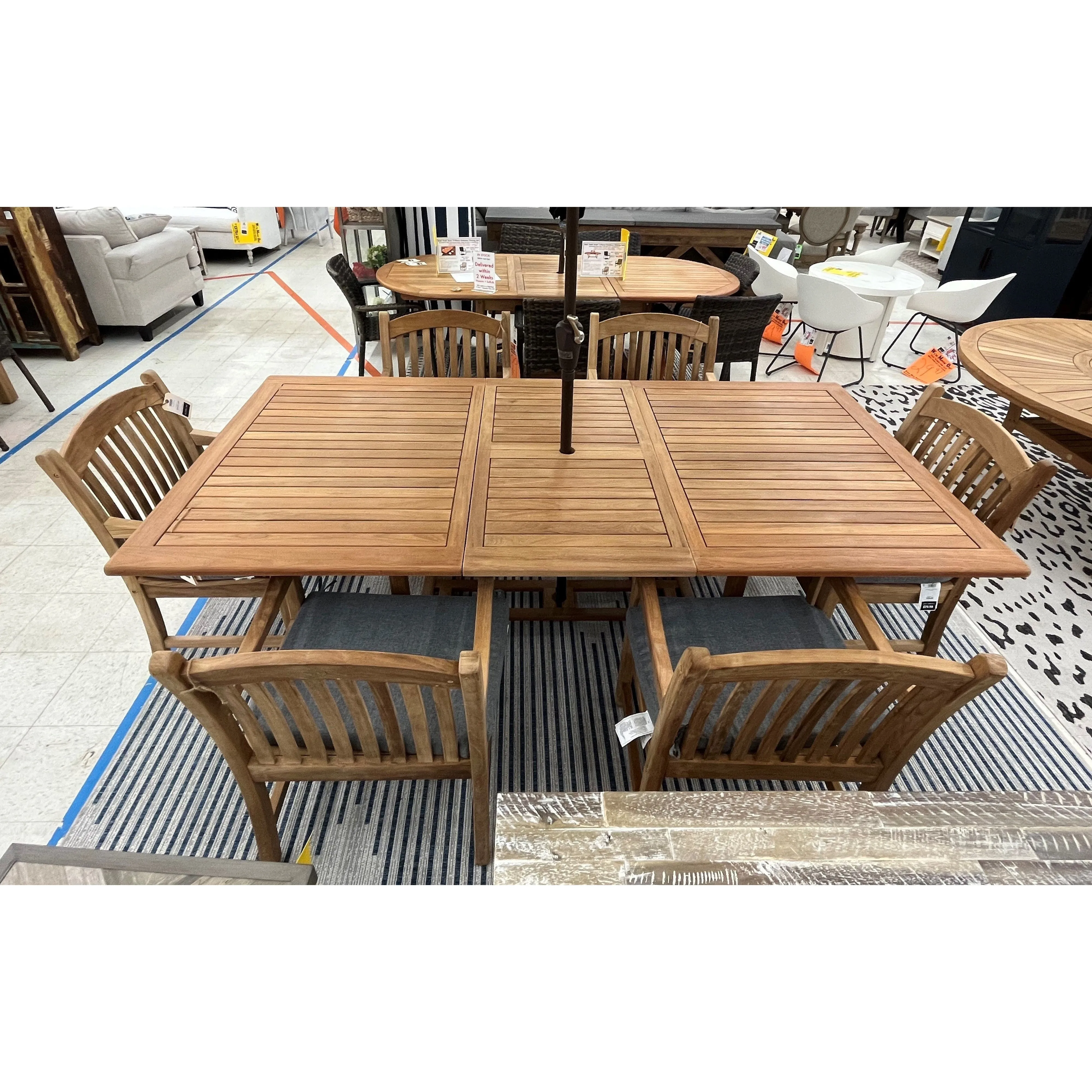 Bali Teak 7pc Outdoor Dining Set (Teak Rectangular Extendable Table 70-94" with 6 Teak Tista Armchairs  FREE Cushions)