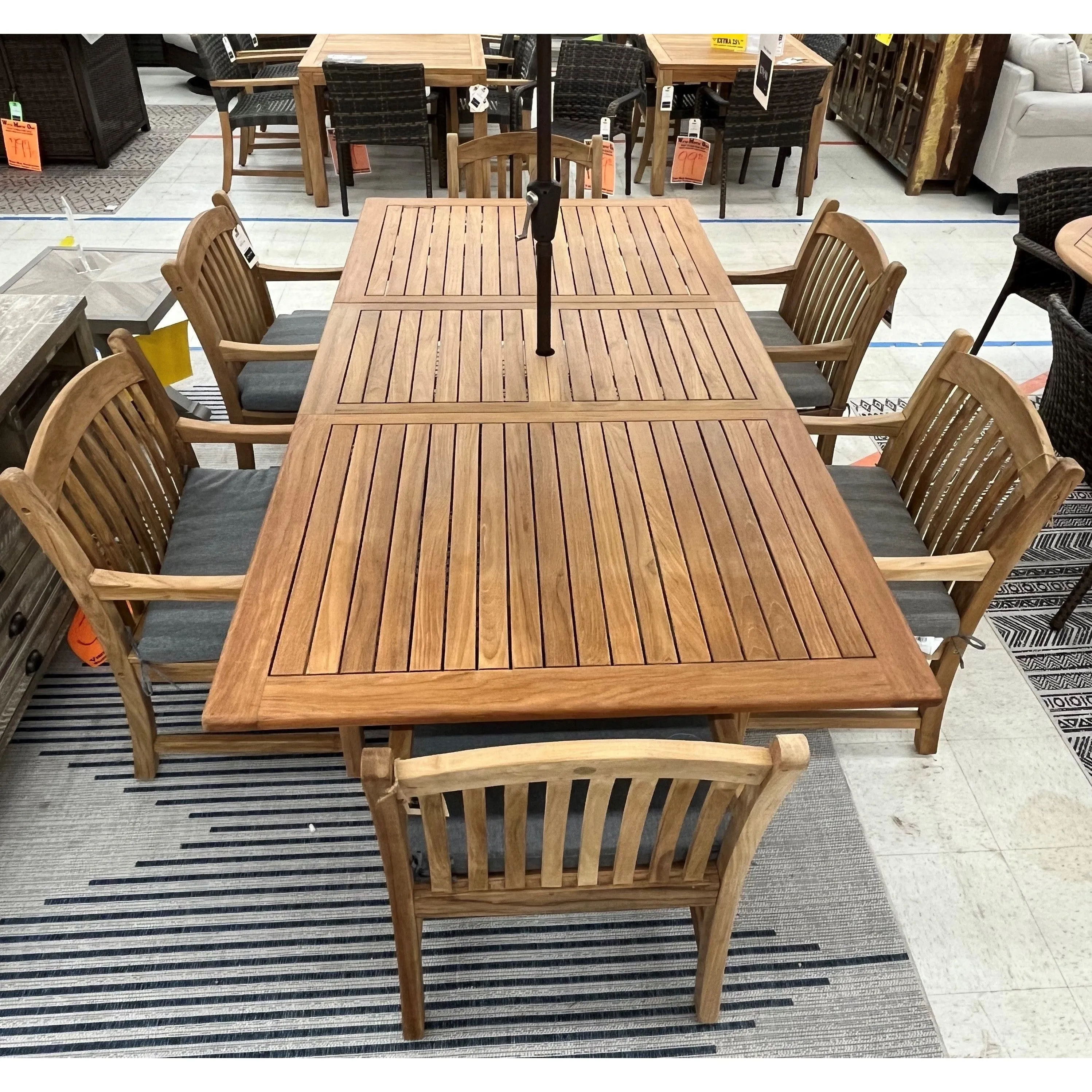 Bali Teak 7pc Outdoor Dining Set (Teak Rectangular Extendable Table 70-94" with 6 Teak Tista Armchairs  FREE Cushions)