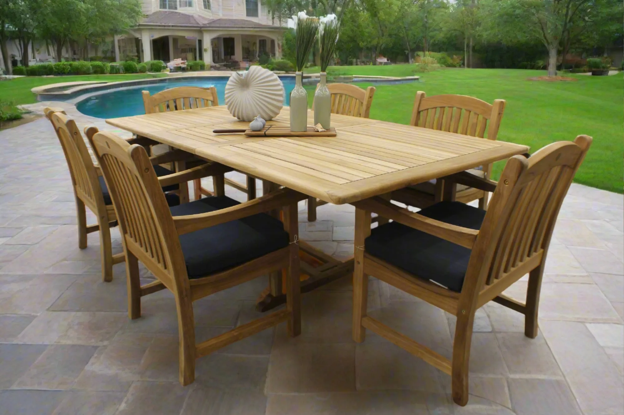 Bali Teak 7pc Outdoor Dining Set (Teak Rectangular Extendable Table 70-94" with 6 Teak Tista Armchairs  FREE Cushions)