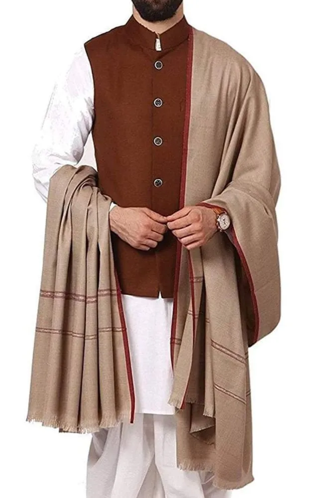 Beige Colour Heavy Wool Twin Running Border Gents Shawl