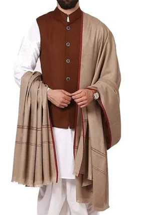 Beige Colour Heavy Wool Twin Running Border Gents Shawl