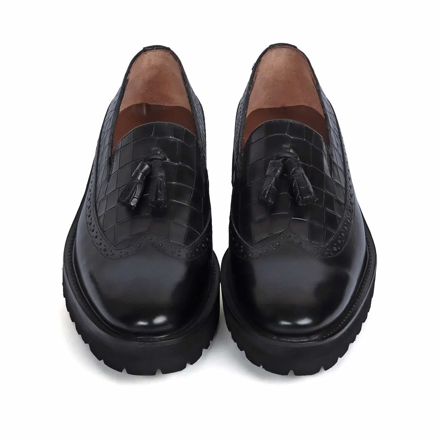 Black Tasseled Wingtip Punching Toe With Light weight Leather Lug Sole Croco Print Shoe By Brune & Bareskin