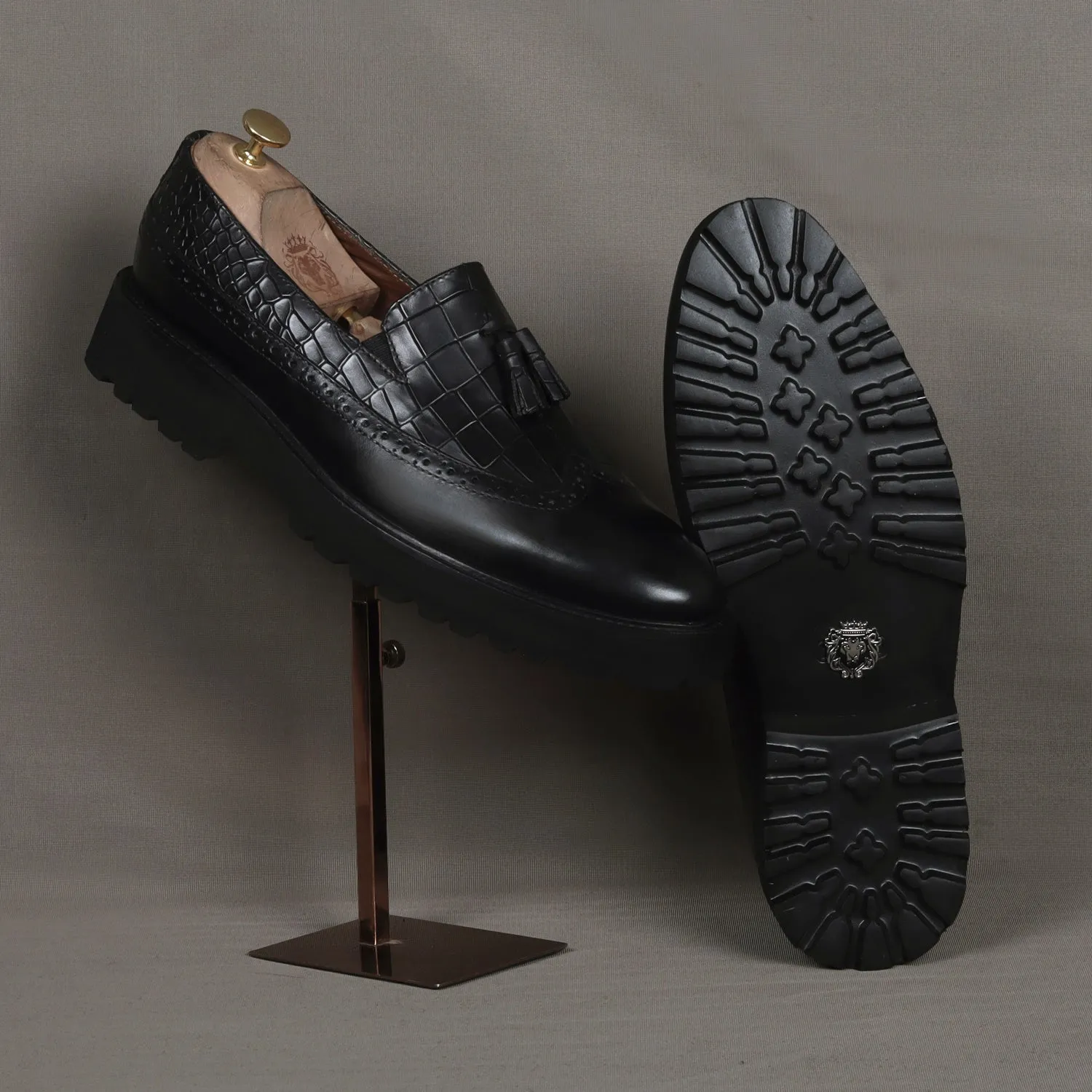 Black Tasseled Wingtip Punching Toe With Light weight Leather Lug Sole Croco Print Shoe By Brune & Bareskin