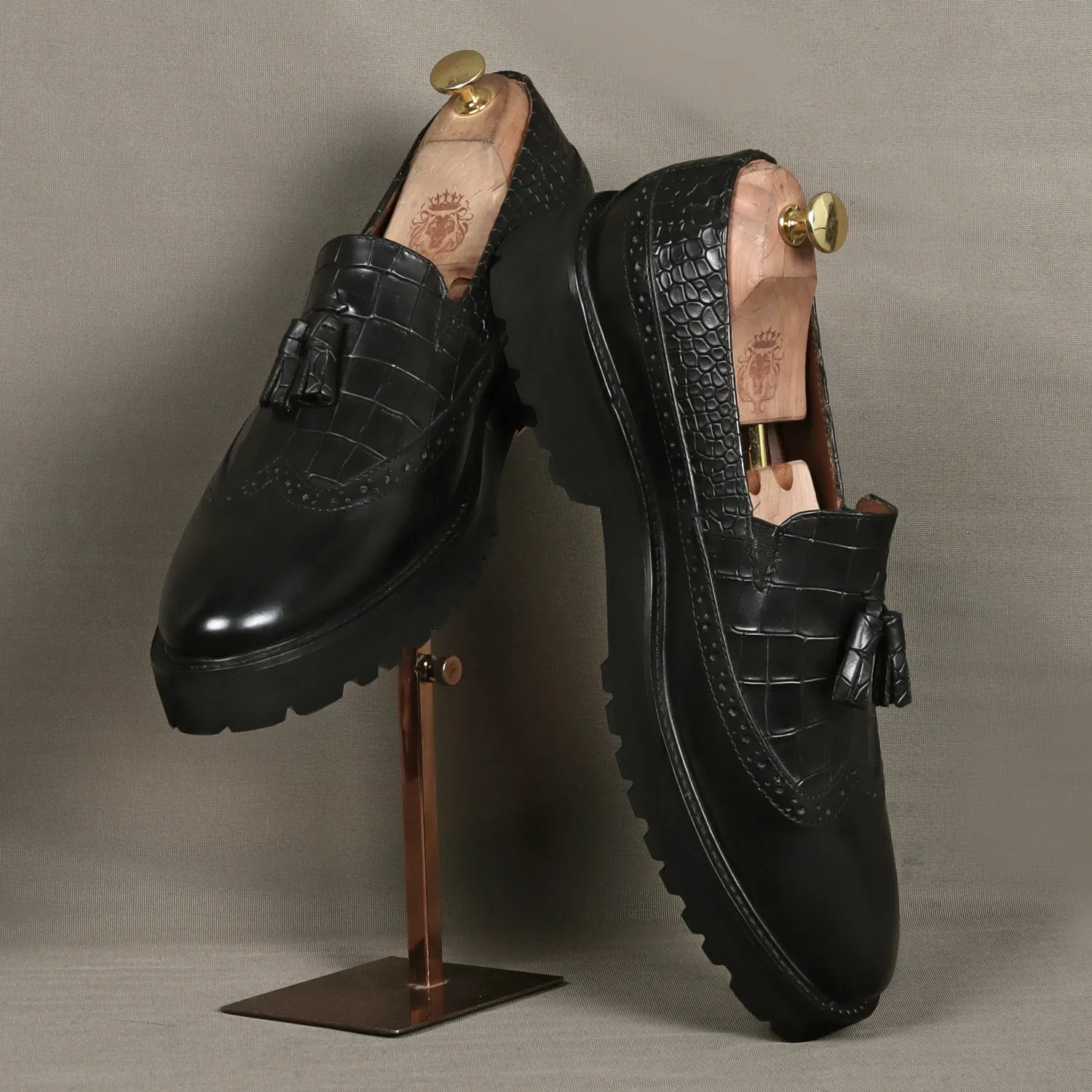 Black Tasseled Wingtip Punching Toe With Light weight Leather Lug Sole Croco Print Shoe By Brune & Bareskin