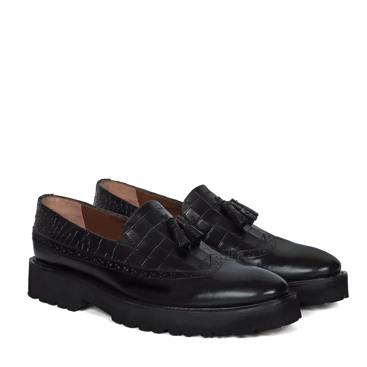 Black Tasseled Wingtip Punching Toe With Light weight Leather Lug Sole Croco Print Shoe By Brune & Bareskin