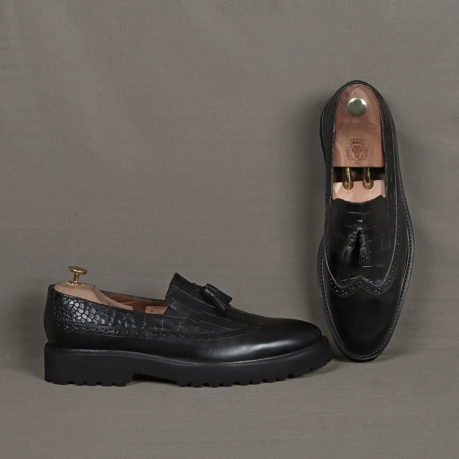 Black Tasseled Wingtip Punching Toe With Light weight Leather Lug Sole Croco Print Shoe By Brune & Bareskin