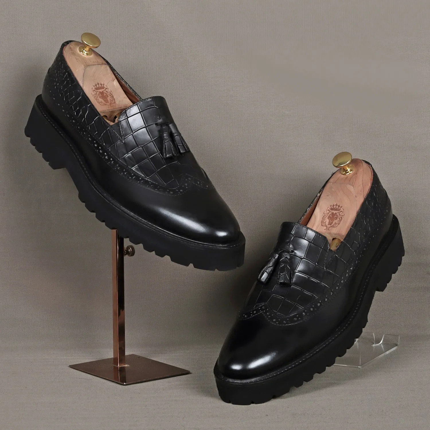 Black Tasseled Wingtip Punching Toe With Light weight Leather Lug Sole Croco Print Shoe By Brune & Bareskin