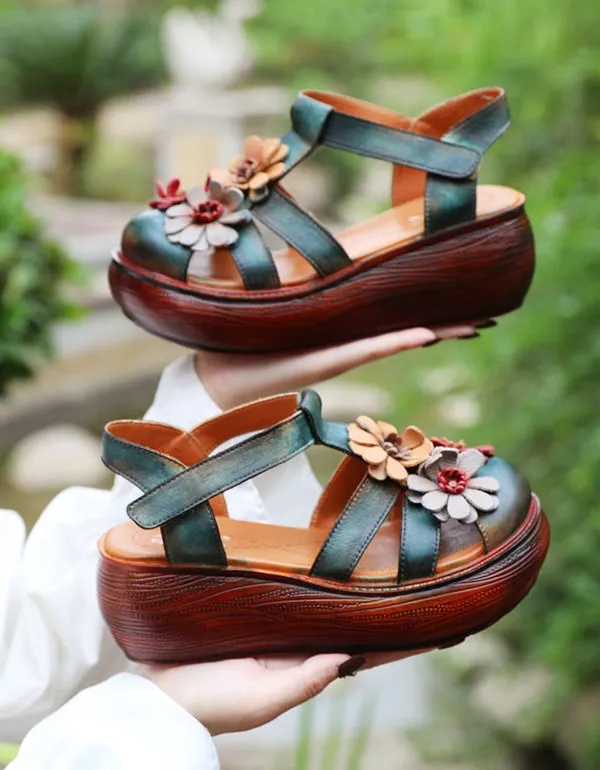 Close Toe Wedge Heel Flower Leather Summer Sandals