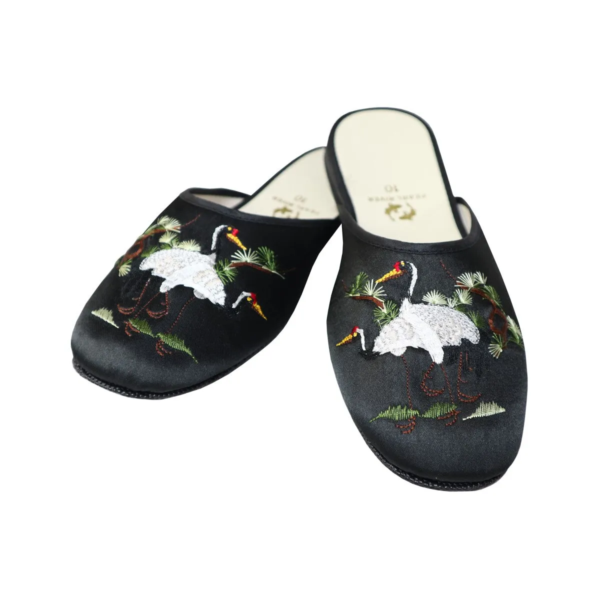 Crane Embroidery Satin Slippers