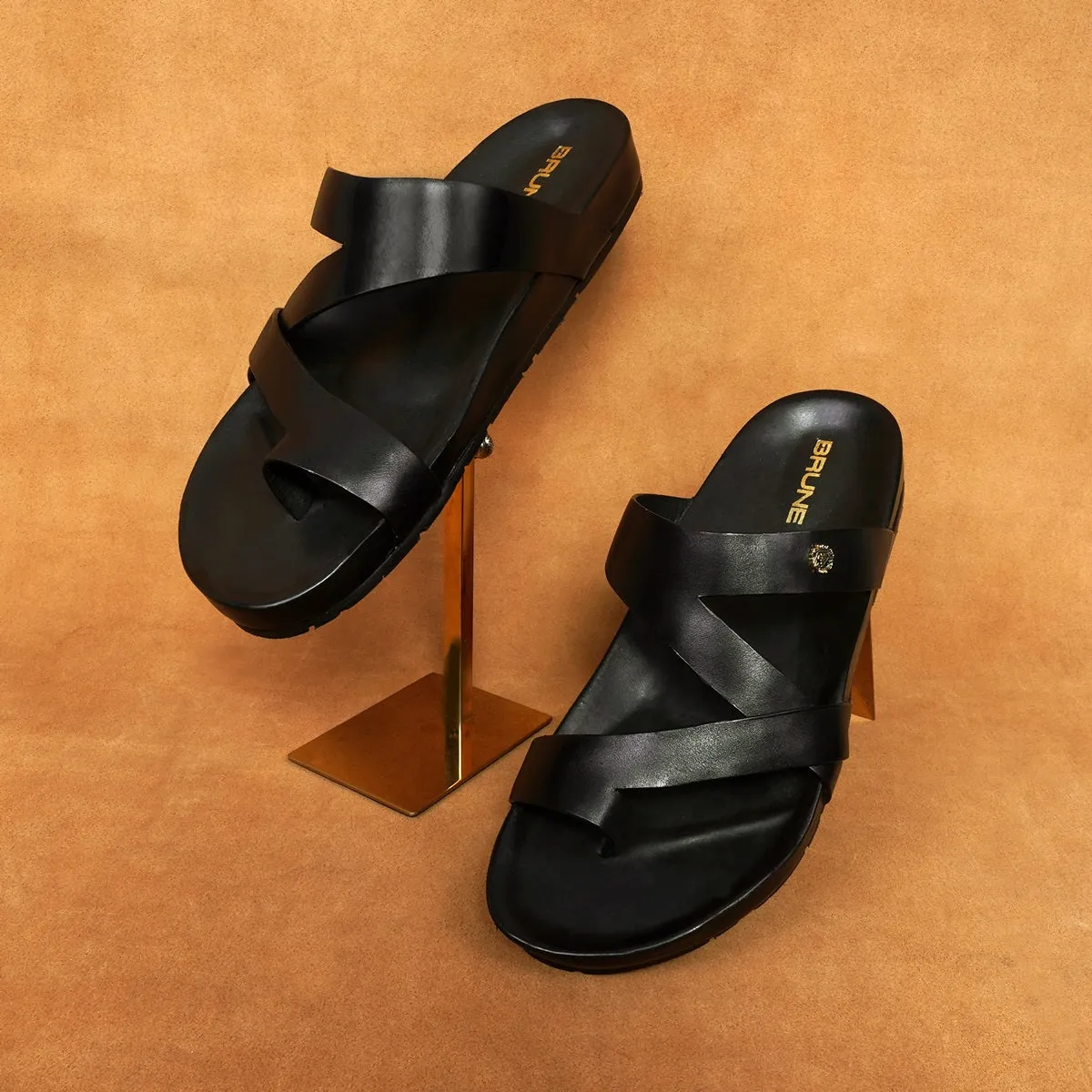 Cross Straps Black Leather Slipper/Sandal