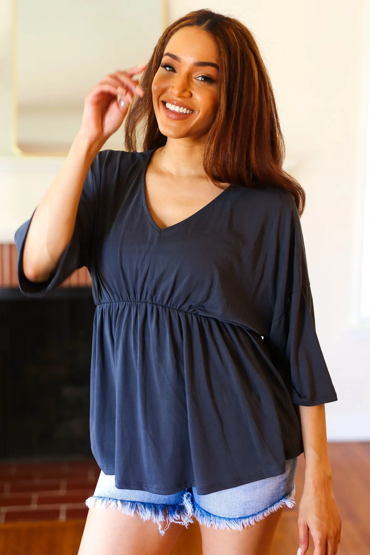 Easy To Love Charcoal Babydoll Dolman Modal V Neck Top