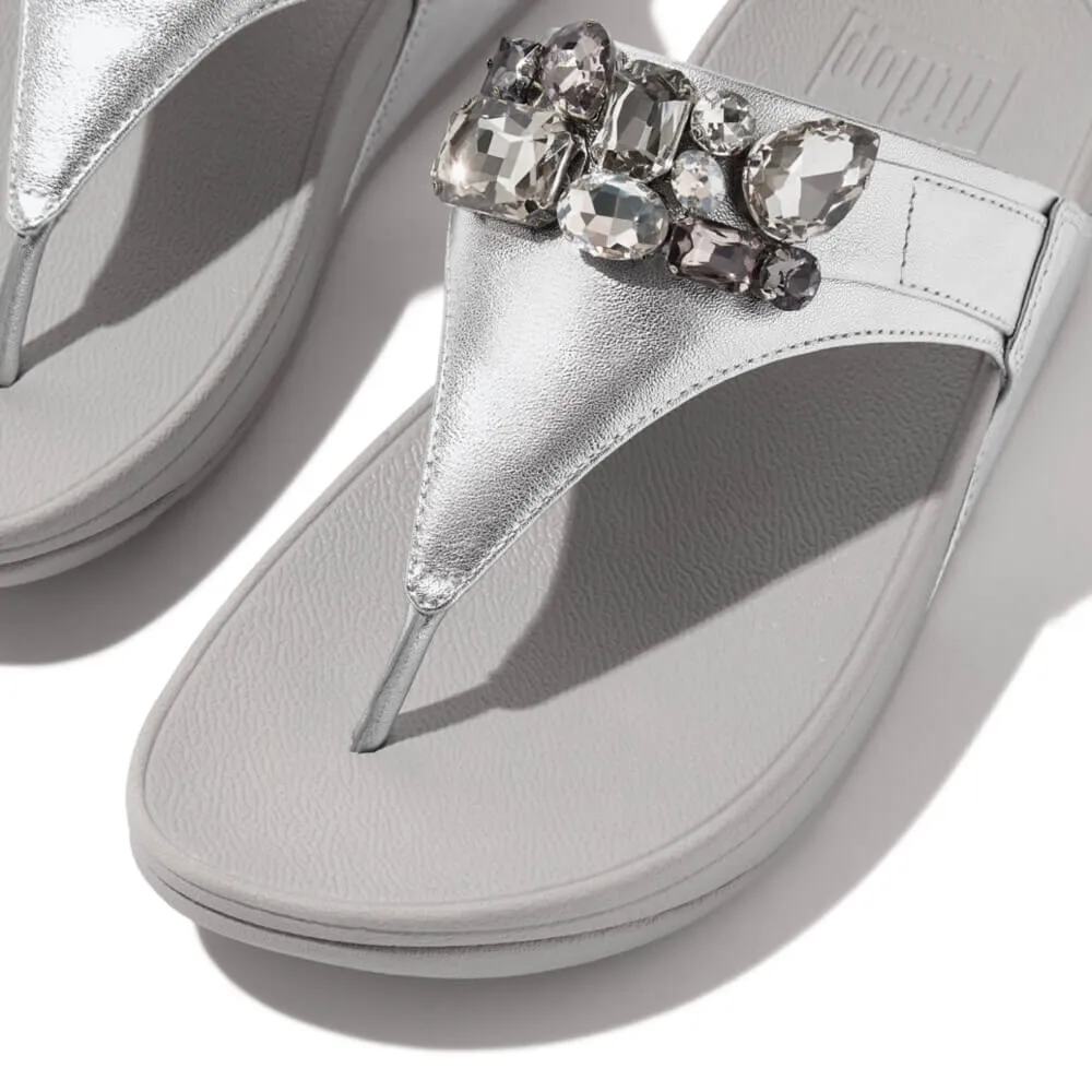 FitFlop Lulu Jewel-Deluxe Metallic-Leather Toe-Thongs Sandals - Silver