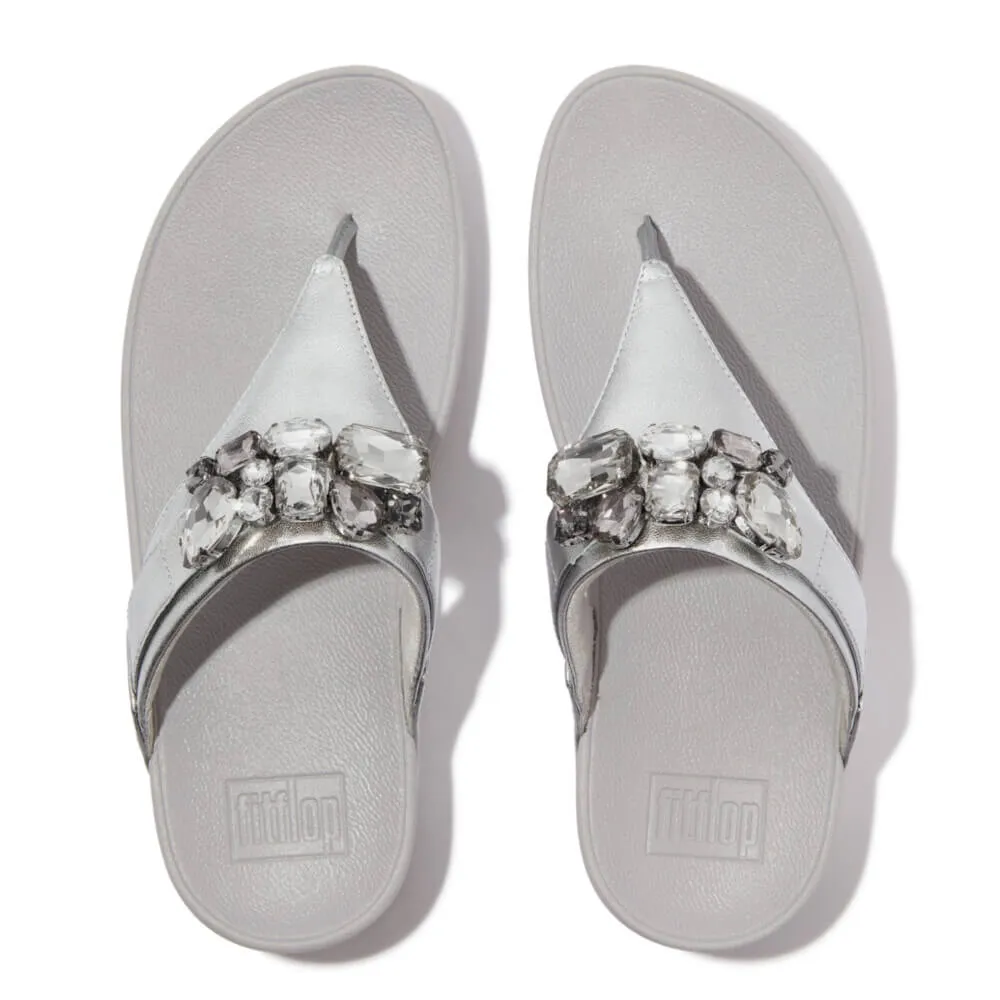 FitFlop Lulu Jewel-Deluxe Metallic-Leather Toe-Thongs Sandals - Silver