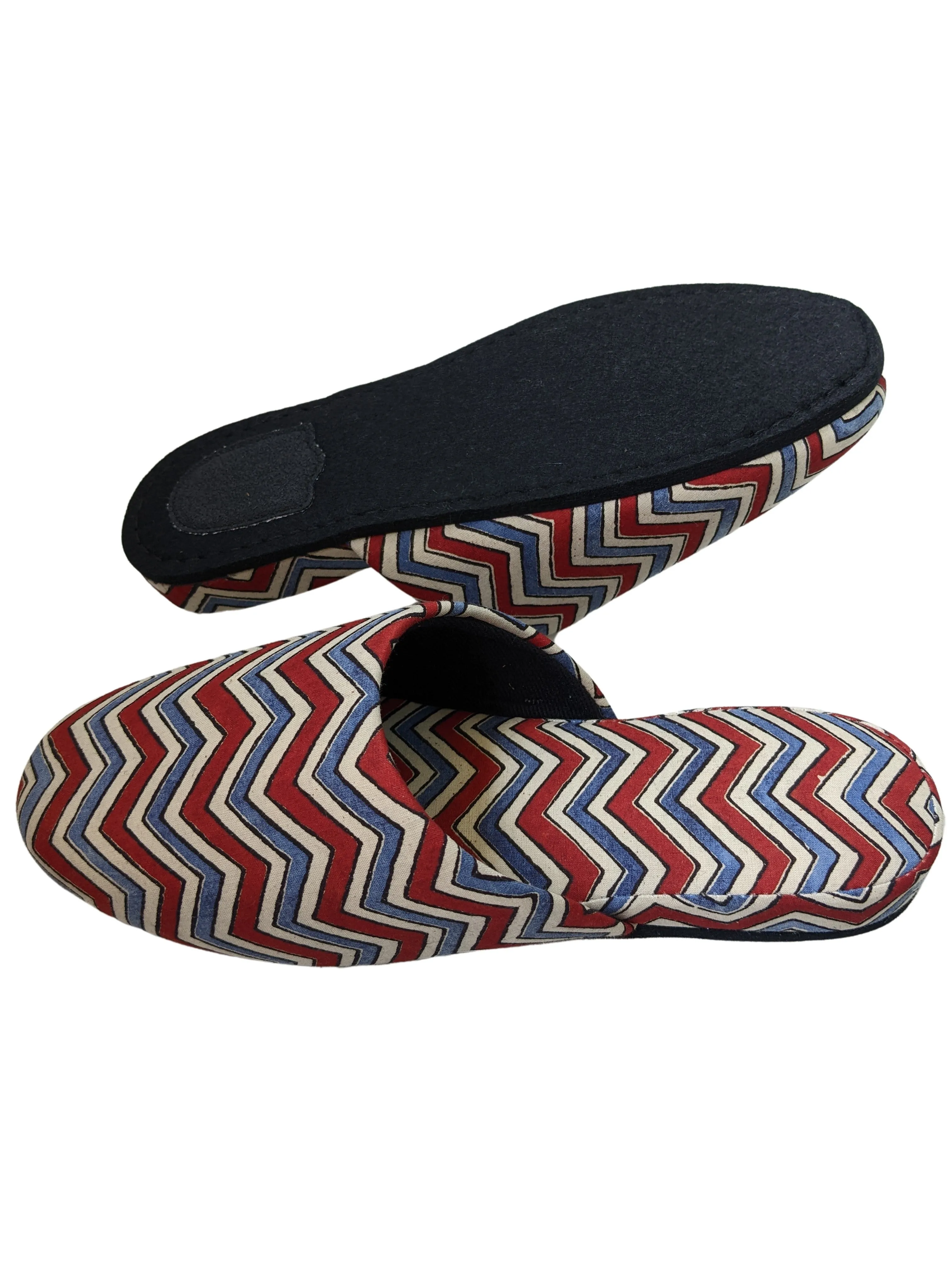 Medium Block Printing Flowers Mix Slippers [Black wool felt soles] MF2208 [Size Medium] zigzag