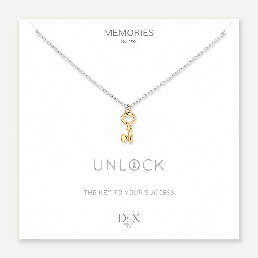 Memories: "UNLOCK" | Lock Key Necklace | White Gold & 18K Gold-Plated