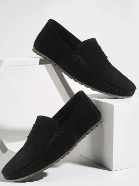 Men Black Suede Leather Side Stitched Slip On Driving Loafers and Mocassin