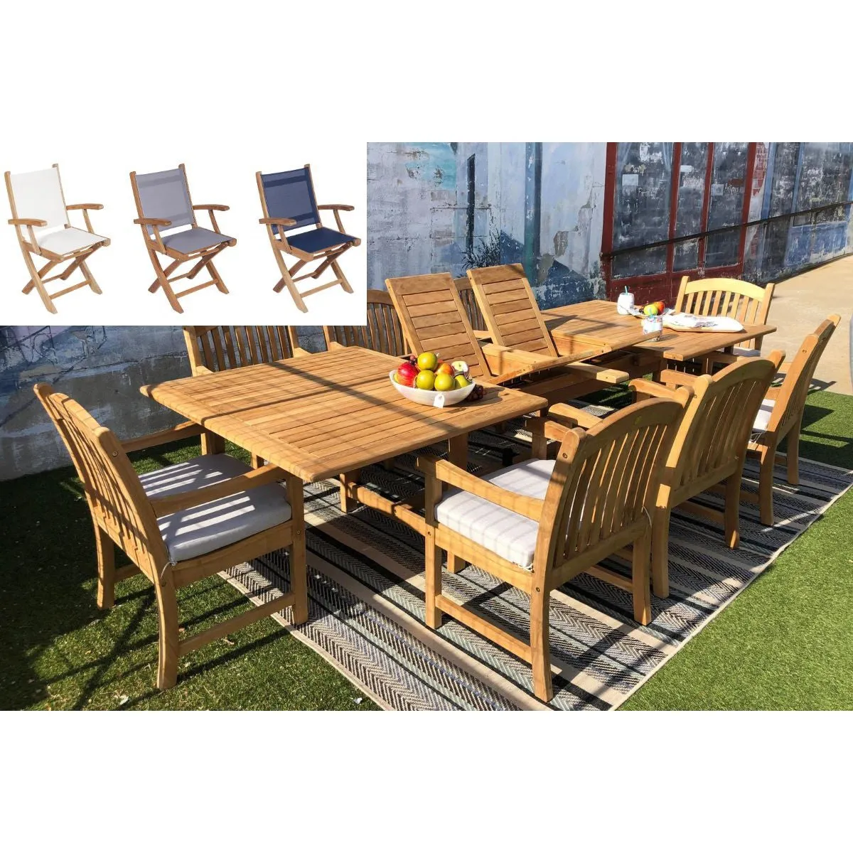 Teak Banquet 9pc Outdoor Dining Set (Teak Extendable Table 88-118" with 8 Teak Yacht Folding Yacht Arnchairs )