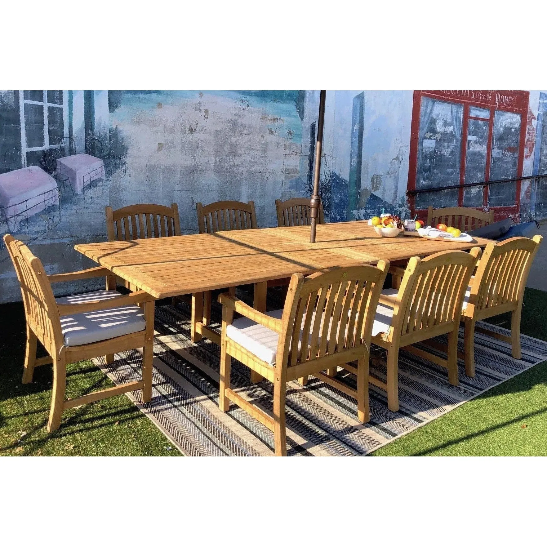 Teak Banquet 9pc Outdoor Dining Set (Teak Extendable Table 88-118" with 8 Teak Yacht Folding Yacht Arnchairs )